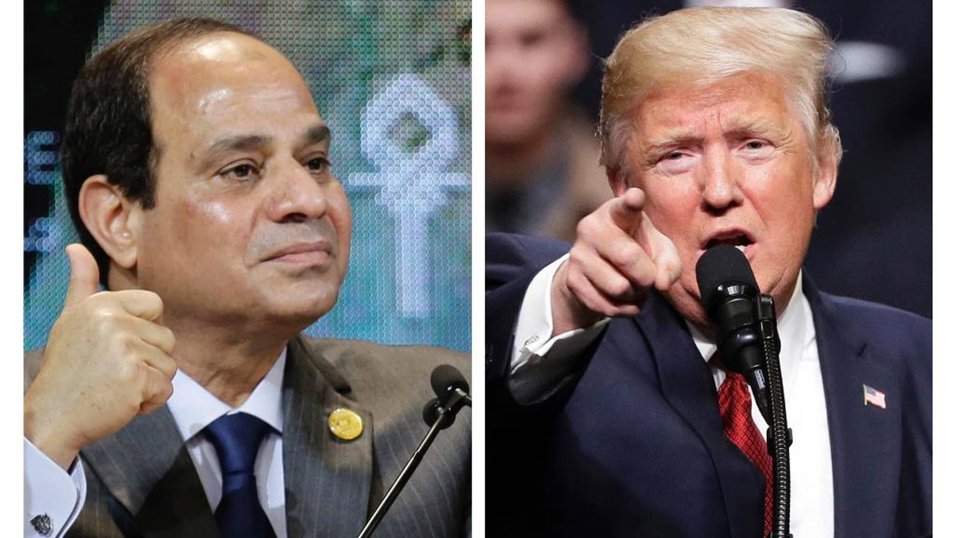 This combination of two photos shows Egyptian President Abdel-Fattah el-Sissi, left, and U.S. President Donald Trump, right. El-Sissi is a career military man of taciturn ways, his host Trump a brash real estate developer and reality TV star who inherited a fortune. Yet their instincts and language seem strikingly similar. (AP Photo)