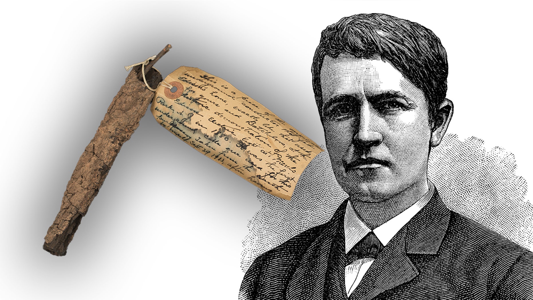 The piece of electrical wire from Thomas Edison’s first underground cable for electric lighting (The Raab Collection) and an antique illustration of Thomas Edison (ilbusca/iStock)