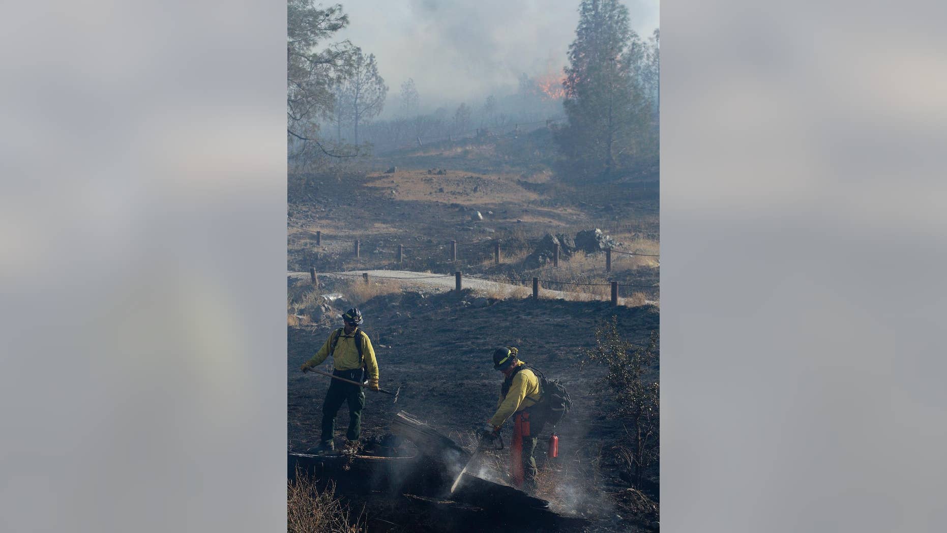 A fire crew cleans up a hot spot near Lower Lake, Calif., Thursday, Aug. 13, 2015. Crews battling the wind-stoked blaze took advantage of cooler temperatures Thursday to clear brush and expand containment lines with bulldozers and hand tools. (AP Photo/Jeff Chiu)