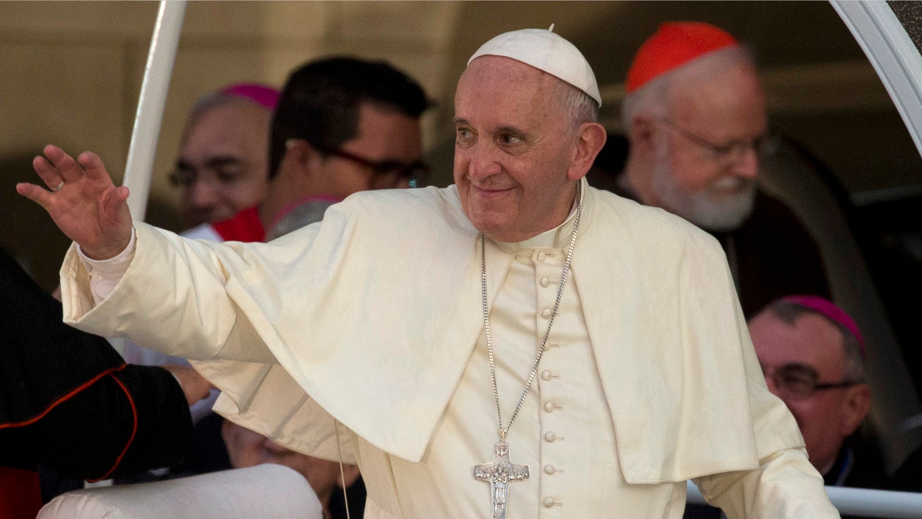 Pope Francis leaves after a meeting with a group of Cuban youth in Havana, Cuba, Sunday Sept. 20, 2015.