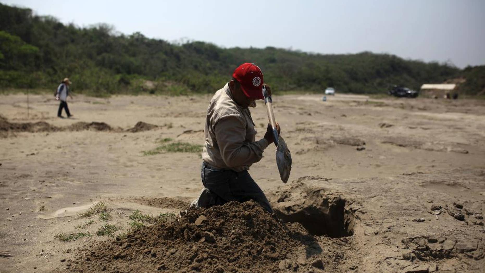 FILE - In this March 30, 2017 file photo, A volunteer searcher digs into the earth at a clandestine grave site in Colinas de Santa Fe, in Mexico's Veracruz state. Mexico's government human rights agency said Thursday that tens of thousands of people have been recorded as missing across the country over the past two decades. And thousands have been reported found in clandestine graves during the drug war of the past 10 years. But the National Human Rights Commission says the exact numbers are a mystery. (AP Photo/Felix Marquez, File)