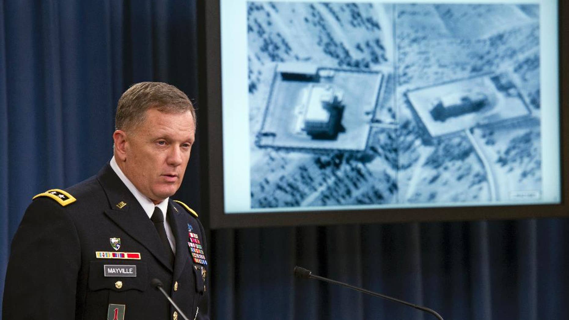 FILE - In this Sept. 23, 2014, file photo, Army Lt. Gen. William Mayville, Jr., Director of Operations J-3, speaks about the operations in Syria, during a news conference at the Pentagon. The U.S. military has hit as many as 17 separate targets connected to an al-Qaida cell in Syria known as the Khorasan Group, U.S. officials say. It’s part of an ongoing and little-discussed air campaign aimed at disrupting the group’s capacity to plot attacks against Western aviation. (AP Photo/Cliff Owen, File)