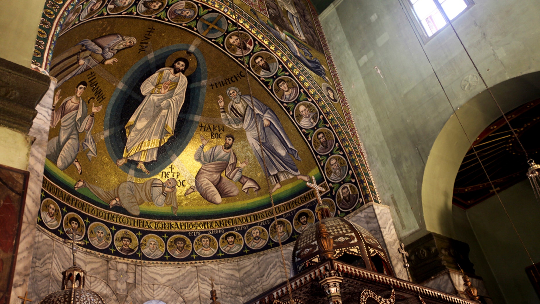 A view of the mosaic of transfiguration which covers the surface of 46 meters square inside the basilica of the monastery of Saint Catherine is shown on Saturday, Dec 16, 2017 in South Sinai, Egypt.