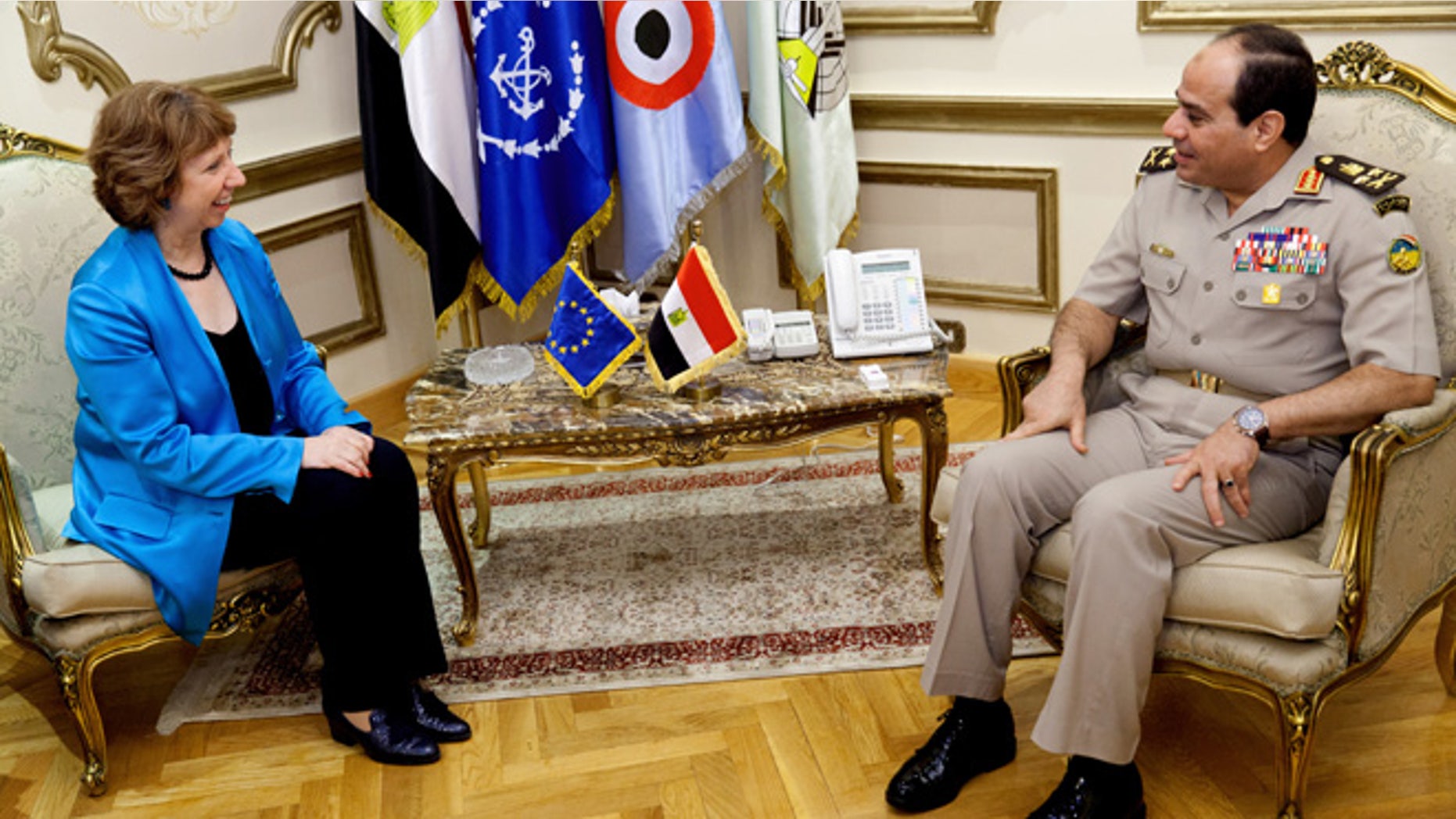 Oct. 3, 2013: In this image released by the Delegation of European Union in Egypt, Egyptian Minister of Defense, Abdel-Fattah el-Sissi, right, meets with High Representative of the European Union, Catherine Ashton in Cairo, Egypt.