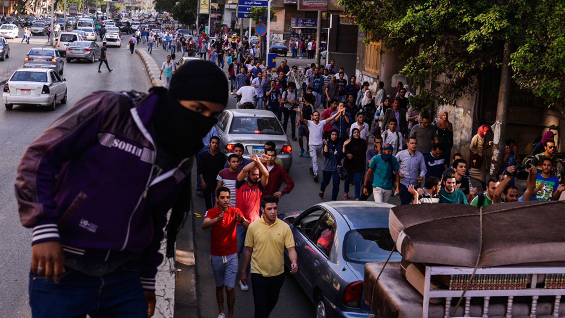April 25, 2016: Egyptians demonstrate against President Abdel-Fattah el-Sissi in Mesaha square in Cairo's Dokki district.