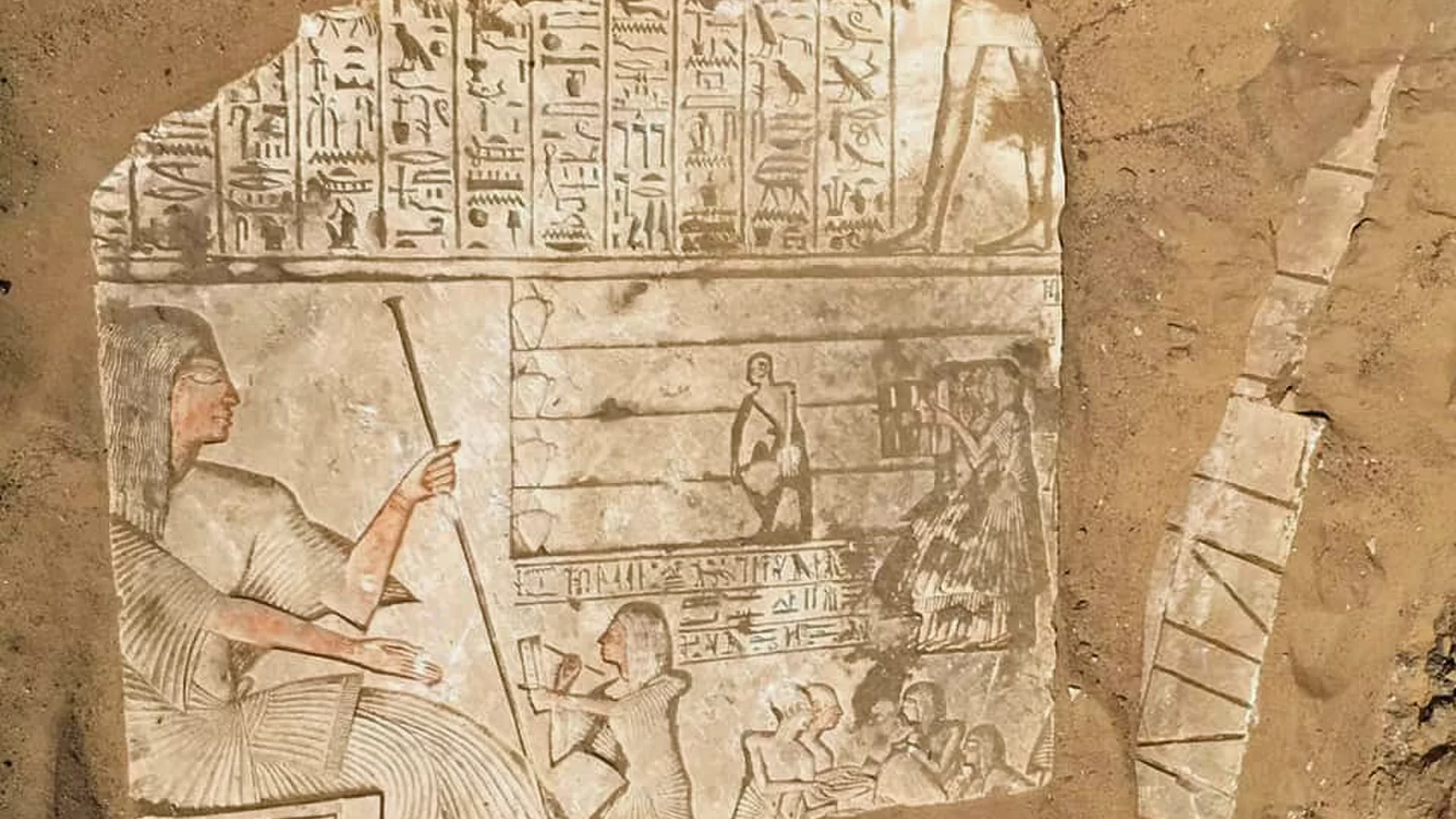 Archaeologists are in the process of uncovering this carving at the tomb of a high general in Saqqara. Credit: Photo courtesy Egyptian antiquities ministry
