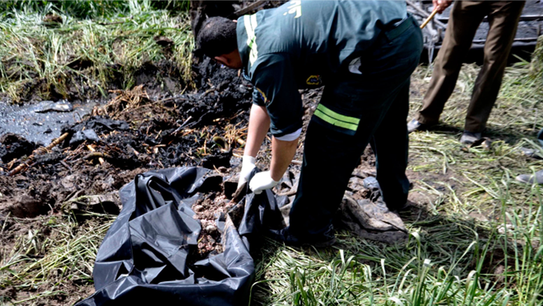 Feb. 26, 2013: An Egyptian rescue worker collect remains at the scene of a balloon crash outside al-Dhabaa village, just west of the city of Luxor, 320 miles south of Cairo, Egypt. A hot air balloon flying over Egypt's ancient city of Luxor caught fire and crashed into a sugar cane field on Tuesday, killing at least 18 foreign tourists, a security official said.