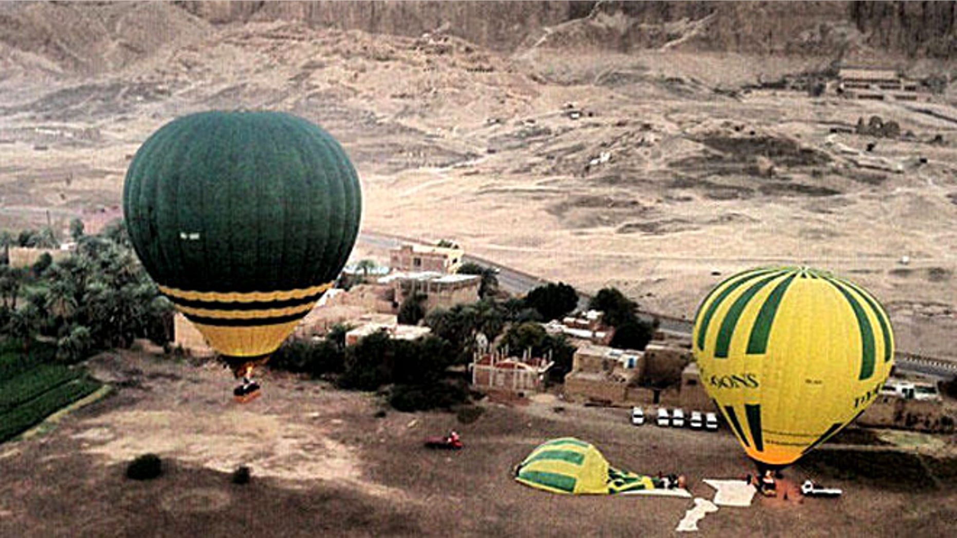 An aerial view of the balloon launch site near Luxor in Egypt, prior to a hot air balloon explosion which killed 18 tourists Tuesday Feb. 26, 2013.