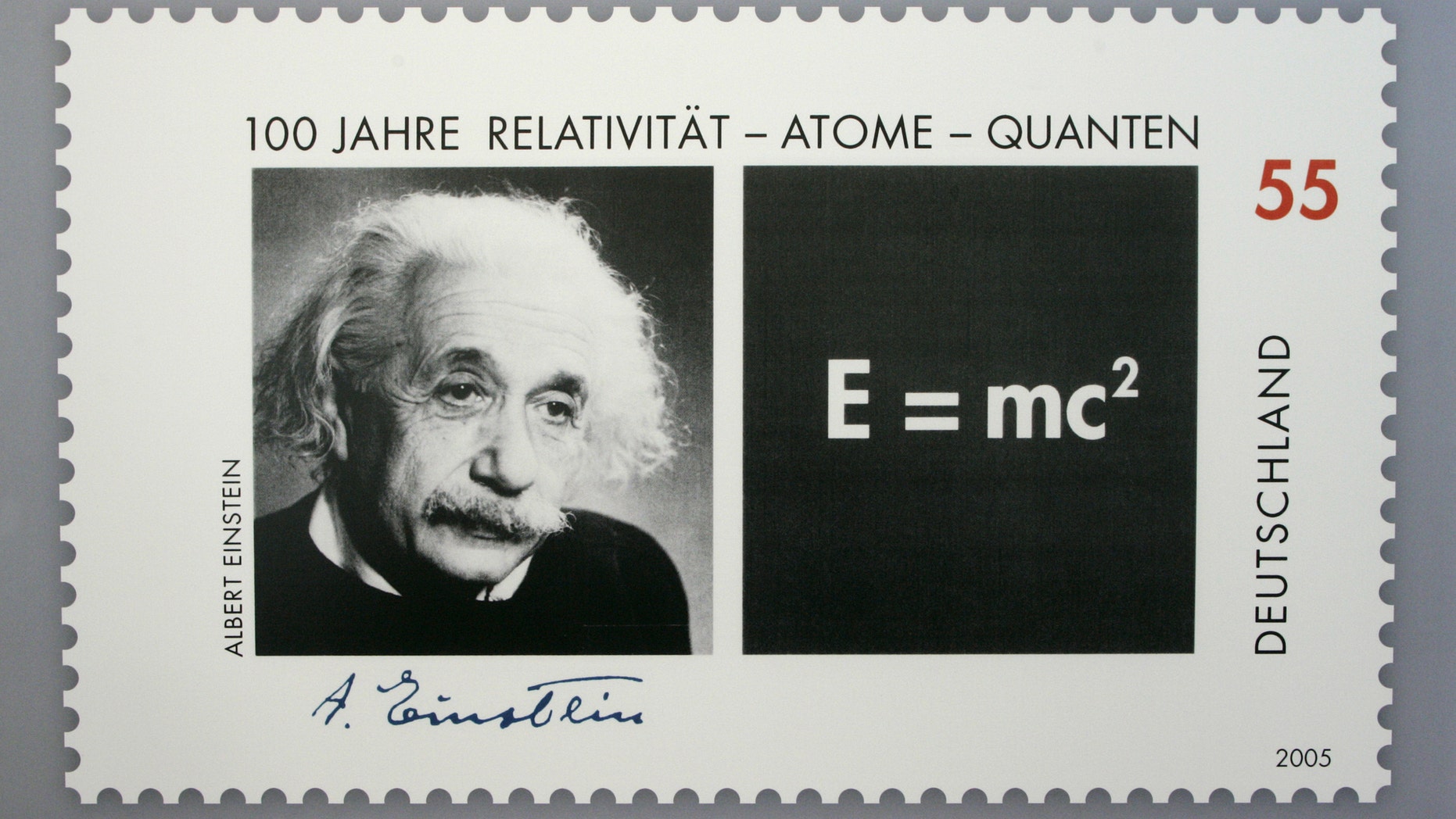 Picture shows a German 55 euro cents special edition stamp commemorating the the 100th anniversary of the publication of late German-born physicist Albert Einstein's Theory of Relativity in Berlin June 15, 2005. The stamp will be available in July 2005. - RTXNJZ3
