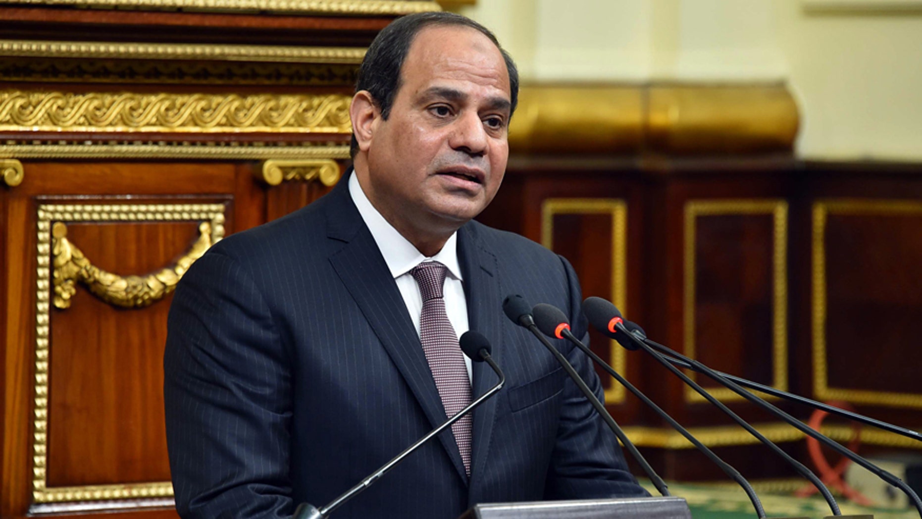 Feb. 13, 2016: In this photo provided by Egypt's state news agency MENA, Egyptian President Abdel-Fattah el-Sissi, addresses parliament in Cairo, Egypt.