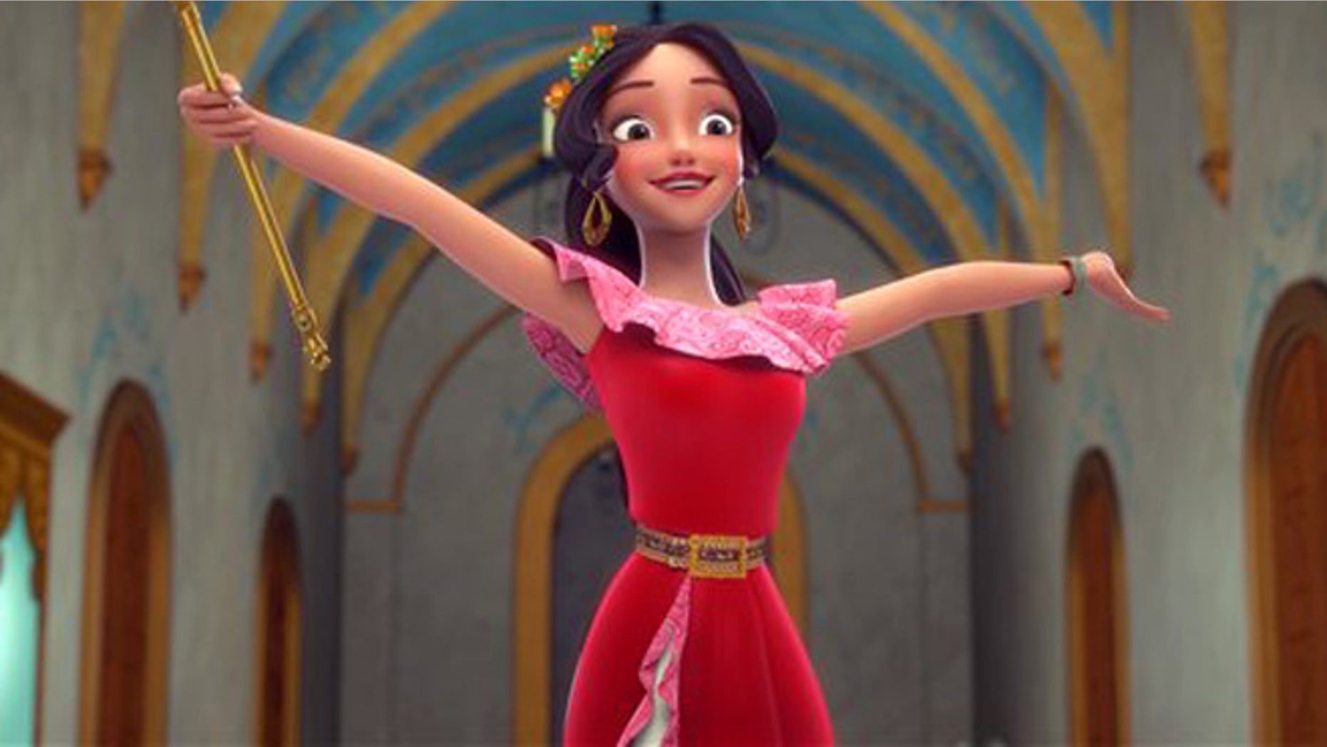 This image released by the Disney Channel shows the character Elena who becomes a crown princess in a scene from, "Elena of Avalor," premiering July 22 on Disney Channel. (Disney Channel via AP)