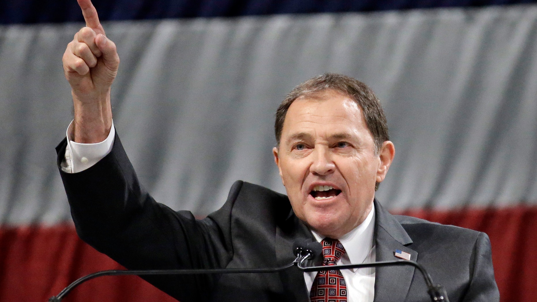 April 23, 2016: Utah Gov. Gary Herbert speaks during the Utah Republican Party nominating convention in Salt Lake City.