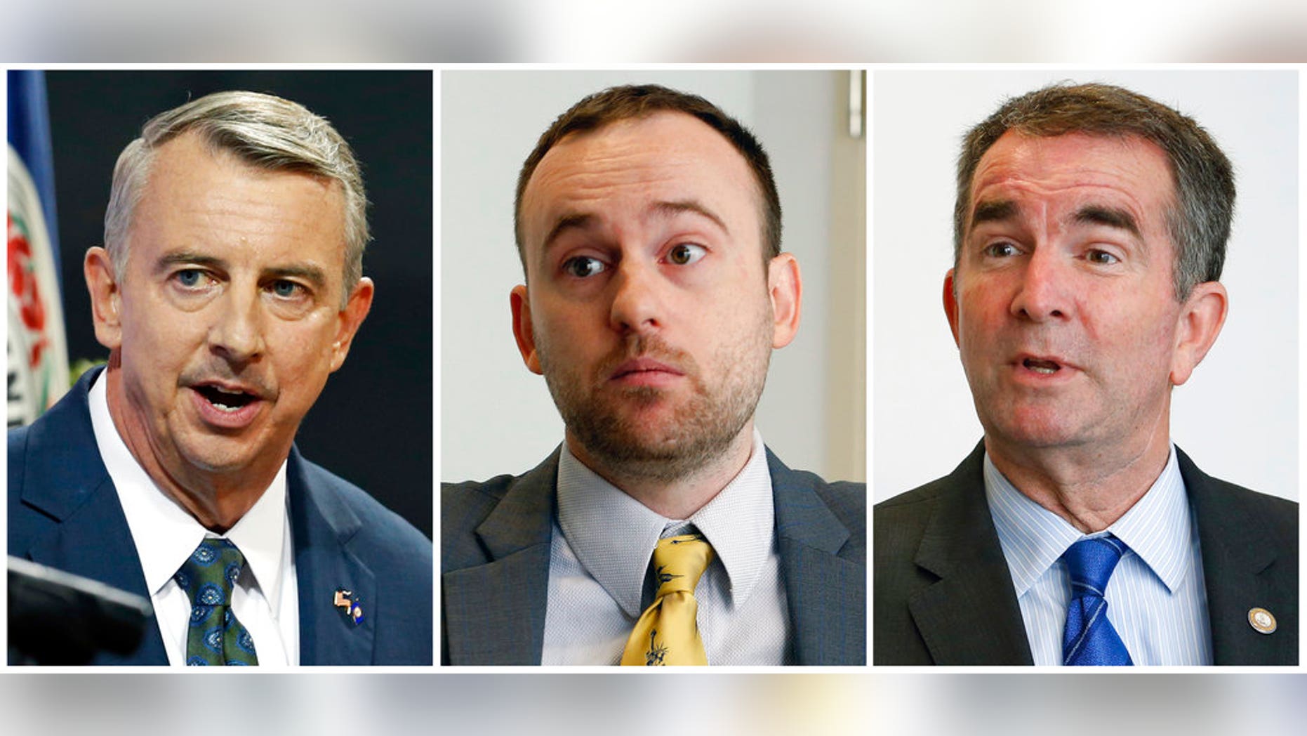 In this combination photo, Republican gubernatorial candidate, Ed Gillespie appears at a debate at the University of Virginia-Wise in Wise, Va., Oct. 9, 2016, left, Libertarian candidate for Virginia governor Cliff Hyra appears during an interview in Richmond, Va., on Sept. 22, 2017 and Democratic gubernatorial candidate, Lt. Gov. Ralph Northam appears during an interview in Richmond, Va., on Sept. 18, 2017. Virginia has the nationâs only competitive governorâs race this year and it could be an early referendum on President Donald Trumpâs popularity ahead of the 2018 midterm elections. (AP Photos/Steve Helber, File)