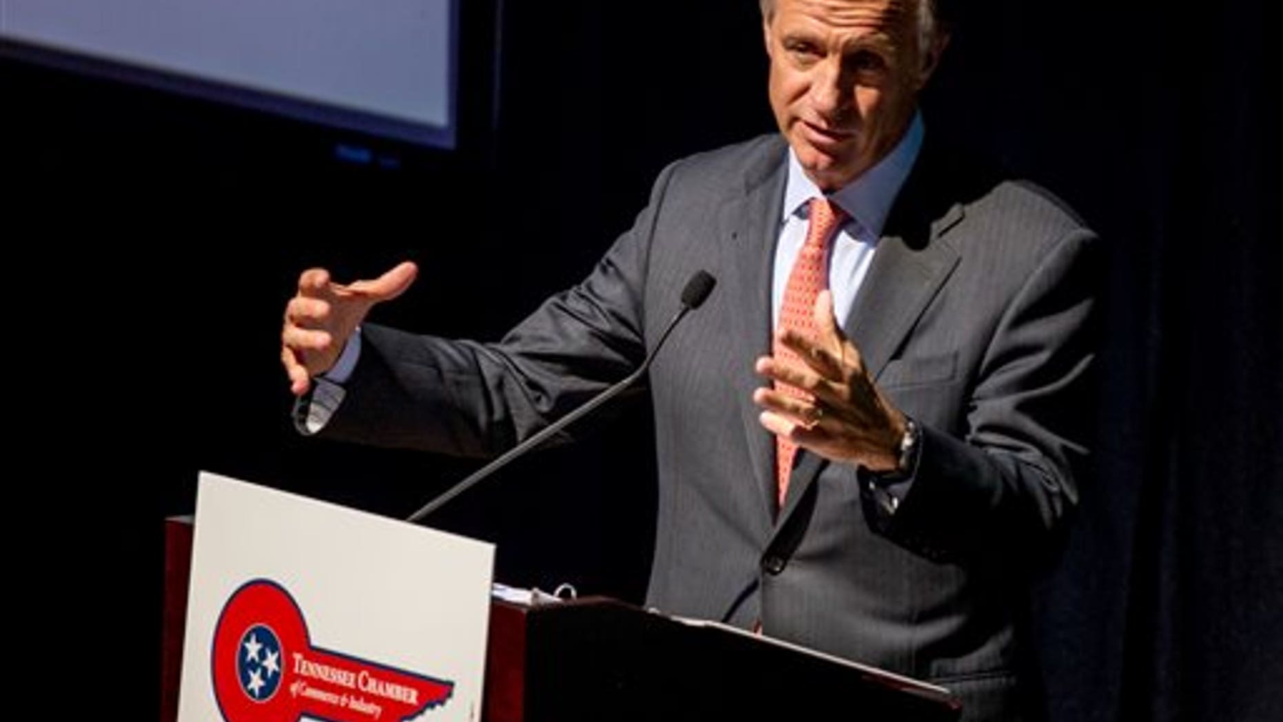 FILE - In this March 25, 2014, file photo, Tennessee Gov. Bill Haslam speaks at a luncheon in Nashville, Tenn. The Republican governor on Thursday, May 22, 2014, signed a bill into law to allow the state to electrocute inmates on death row in the event that drugs used for lethal injections become unavailable. (AP Photo/Erik Schelzig, file)