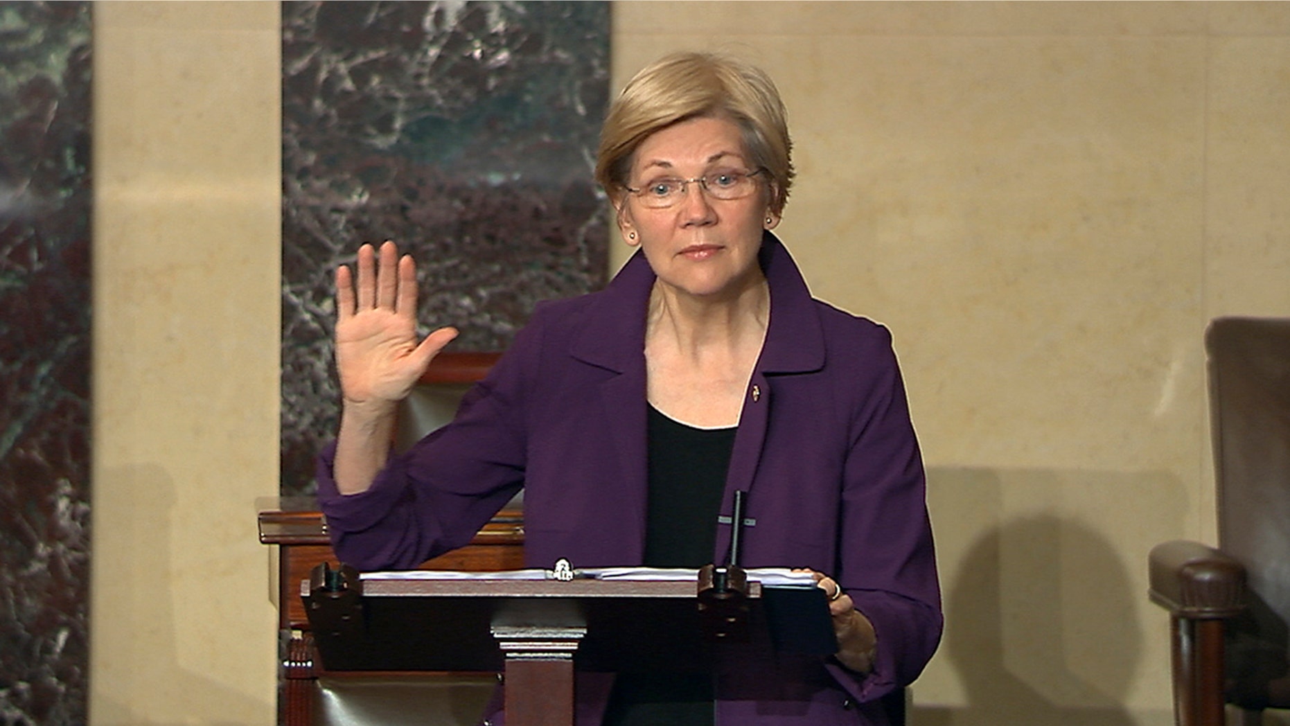 Feb. 6, 2017: Sen. Elizabeth Warren, D-Mass., speaks on the floor of the U.S. Senate in Washington about the nomination of Betsy DeVos to be Education Secretary.