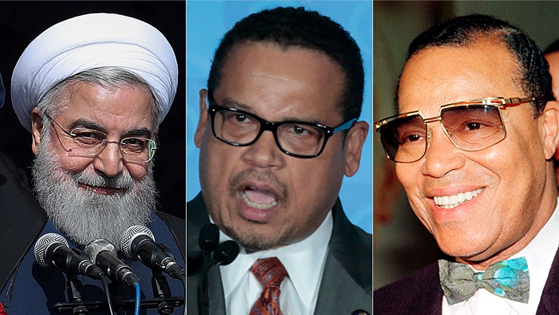 Iranian President Hassan Rouhani, left, invited Rep. Keith Ellison, center, and Louis Farrakhan, right, among others to a dinner in 2013.