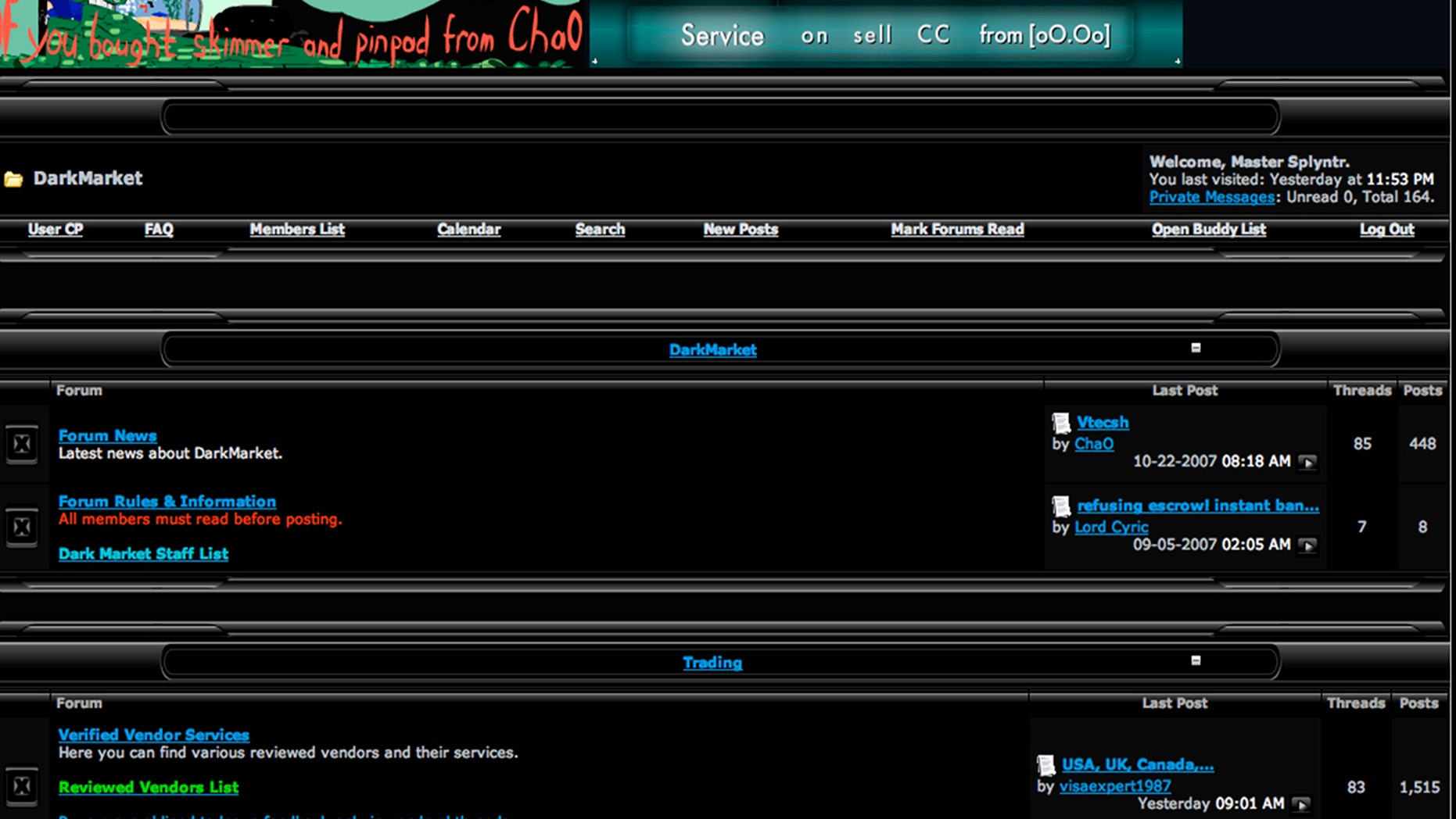File photo: This Federal Bureau of Investigation (FBI) computer screen image shows an online forum called "Dark Market" where it educates users where to buy skimming devices to penetrate bank accounts, how to distribute malware through spam, and buy stolen credit cards among other things. Even as authorities try to stamp out that con and other e-mail and online scams, scammers are getting more wily and finding new loopholes to exploit. The vast majority of e-mail is spam and an unknown percentage of that is meant to defraud. To match feature CYBERCRIME/ REUTERS/FBI/Handout (UNITED STATES CONFLICT SOCIETY BUSINESS SCI TECH)