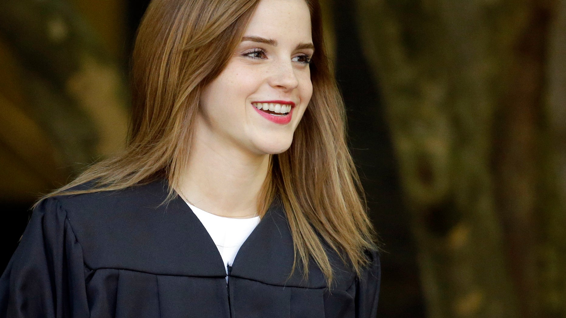 May 25, 2014. Actress Emma Watson walks between buildings following commencement services on the campus of Brown University, Sunday, May 25, 2014, in Providence, R.I. The actress, best known for her role as Hermione Granger in the Harry Potter movies, graduated with a bachelor's degree in English literature from the Ivy League university.