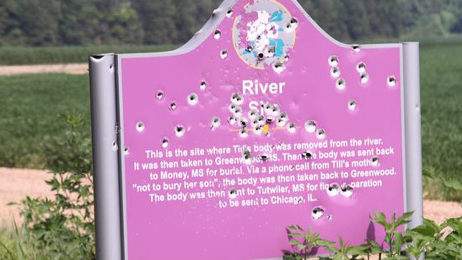This undated photo shows a sign marking the spot where Emmett Till's body was found in Mississippi on Aug. 31, 1955