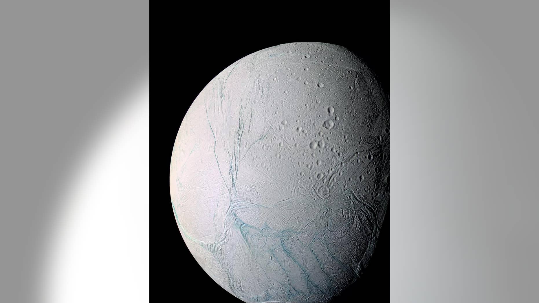 Observations by NASA's Cassini probe have revealed "tiger stripe" features near the south pole of the Saturn moon Enceladus. Water vapor and other materials from the moon's subsurface ocean jet into space from these fractures.