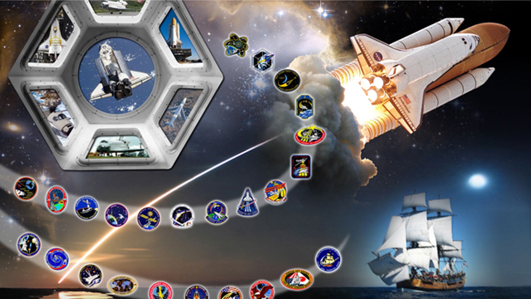 NASA's tribute art for space shuttle Endeavour depicting OV-105 and its 25 mission patches.