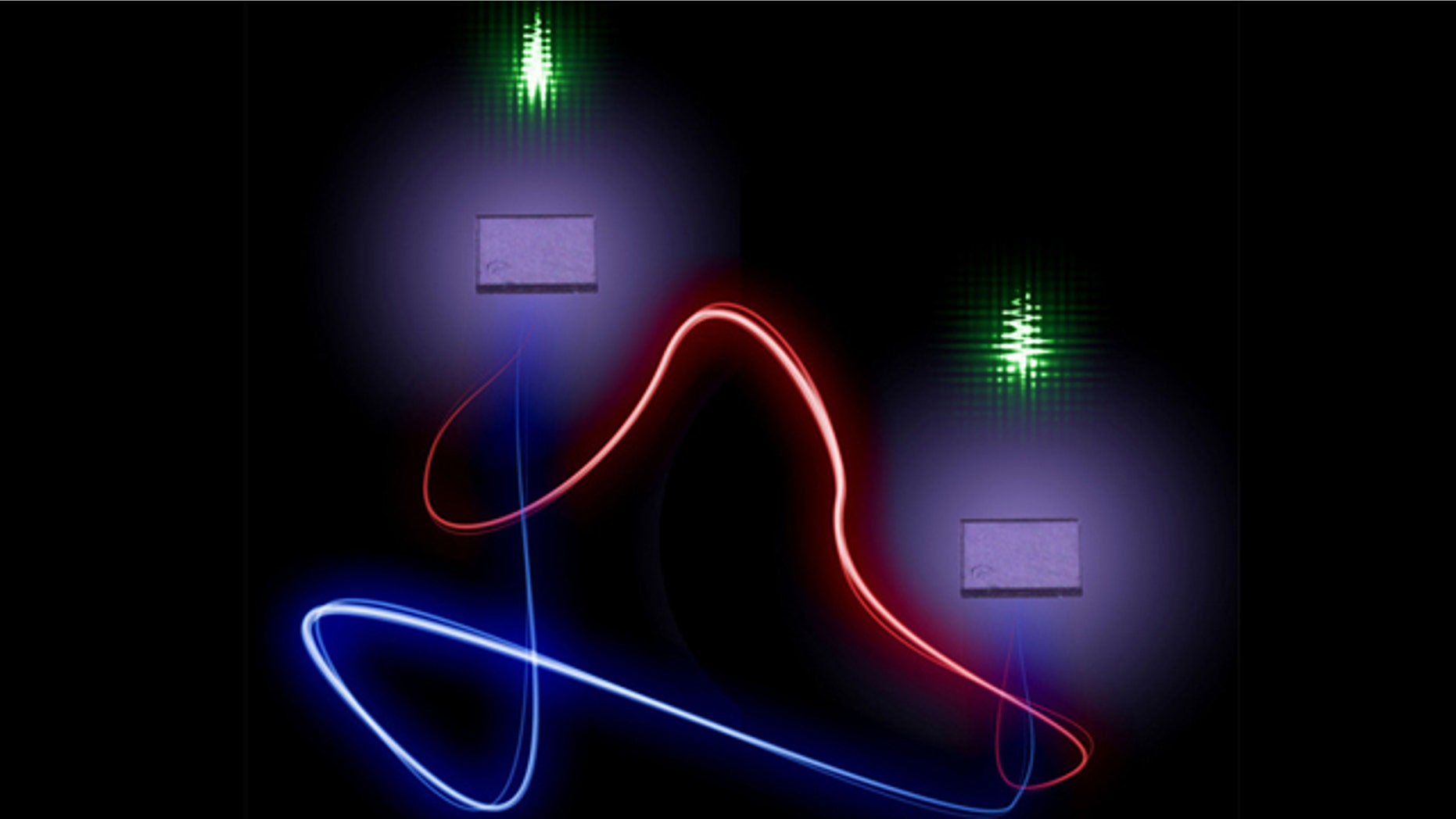 The vibrational states of two spatially separated, millimeter-sized diamonds are entangled at room temperature by beaming laser light at them (green). The researchers verified this entanglement by studying the subsequent laser pulses beamed through the system.