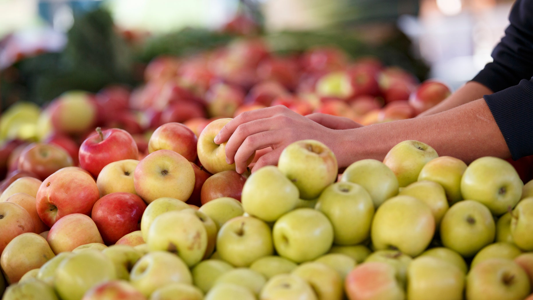 In this photo taken Oct. 5, 2014, apples are displayed at a farmers market in Arlington, Va. A common pesticide used on citrus fruits, almonds and other crops would be banned under a proposal announced Friday by the Environmental Protection Agency. The proposal would prohibit use of chlorpyrifos, a widely used insecticide that is sprayed on a variety of crops including oranges, apples, cherries, grapes, broccoli and asparagus. (AP Photo/J. Scott Applewhite)