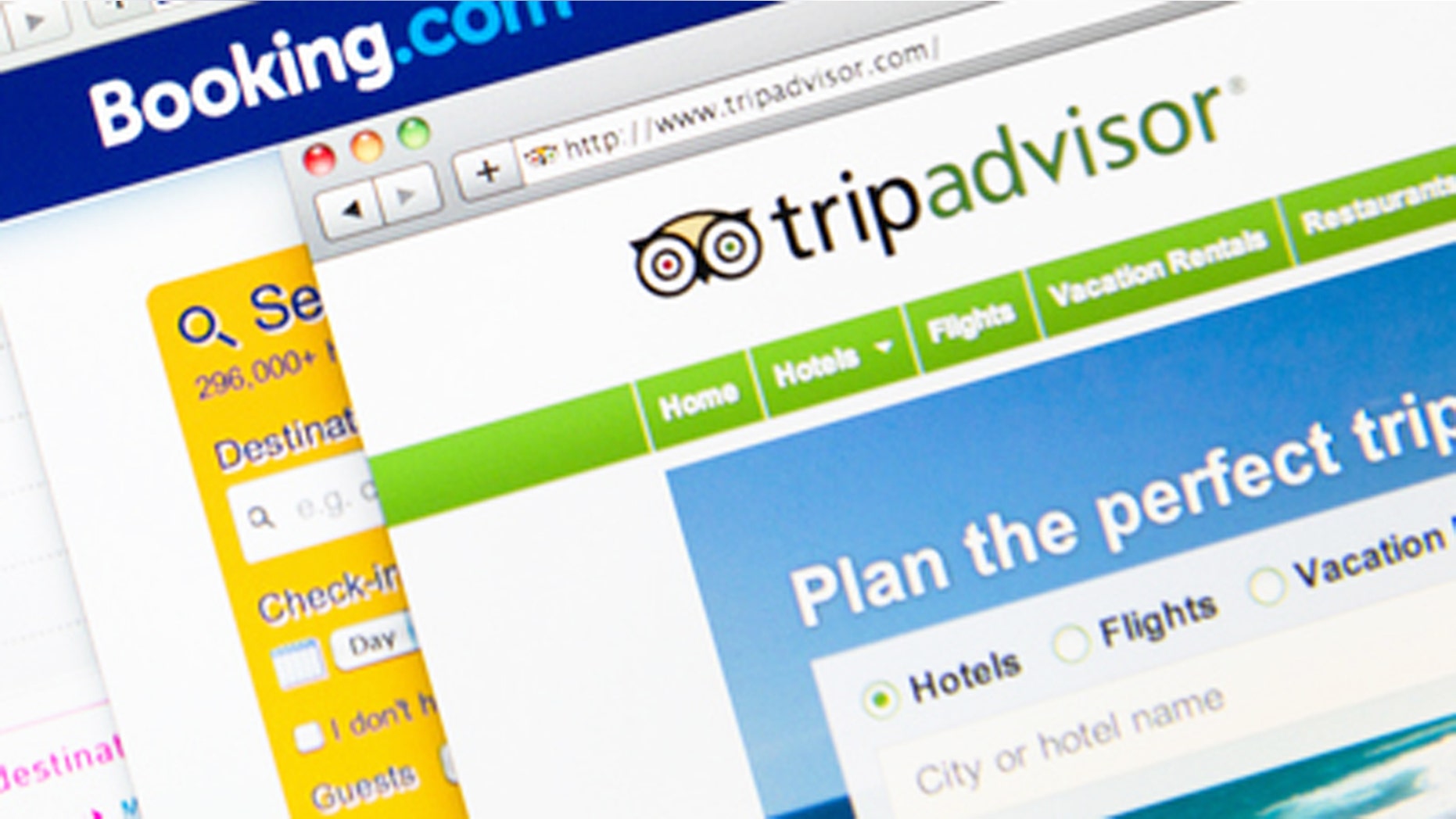 Florence, Italy - May 2, 2013: Close up of the most famous website for searching travel deals on the web browser. The image show Hotels.com, Kayak, last minute.com, booking.com, and tripadvisor. These are the best way on the web to find the right deals on hotel, flights and for rent a car. Safari web browser.