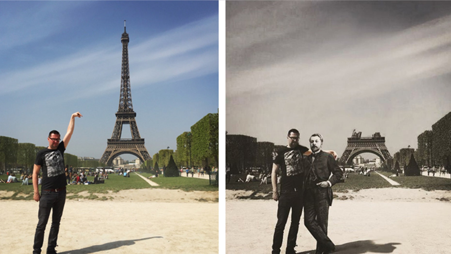 A tourist's original "fail" photo next to a clever recreation with Gustave Eiffel.