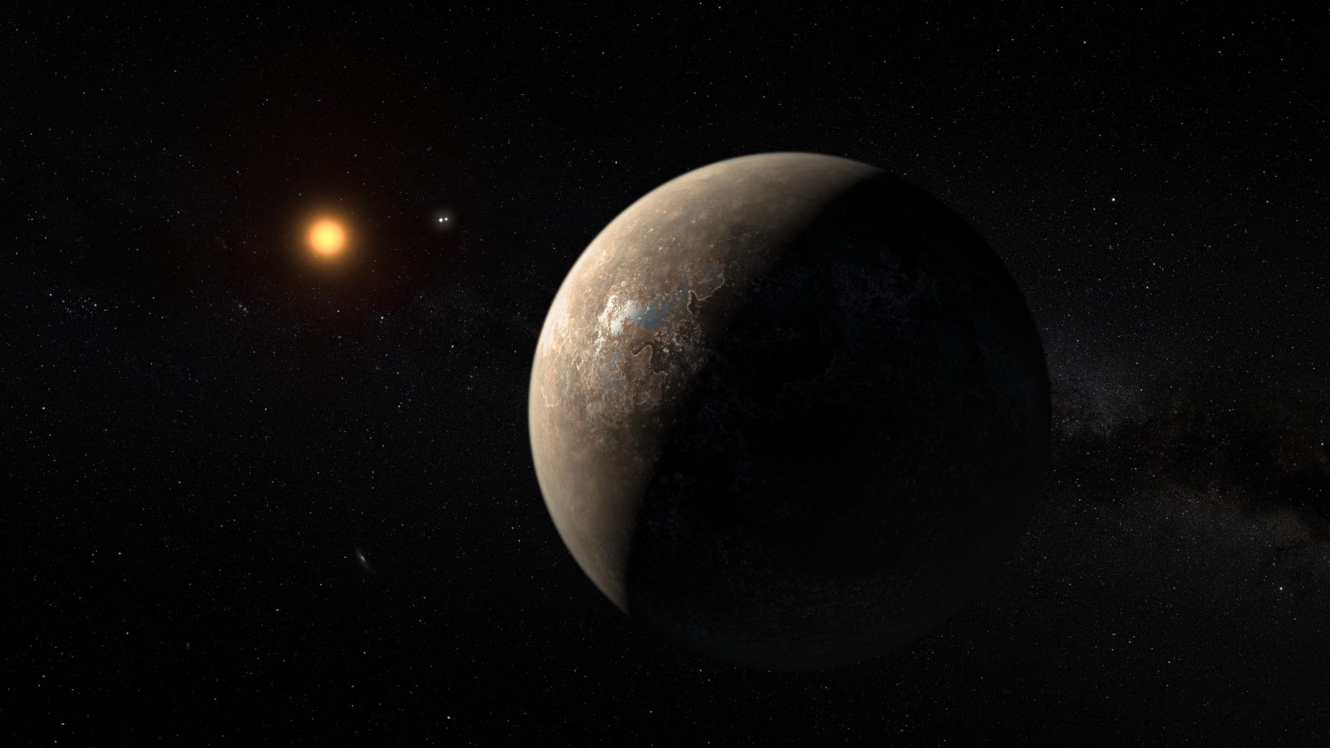 This artist's impression shows the planet Proxima b orbiting the red dwarf star Proxima Centauri, the closest star to the Solar System. The double star Alpha Centauri AB also appears in the image between the planet and Proxima itself.