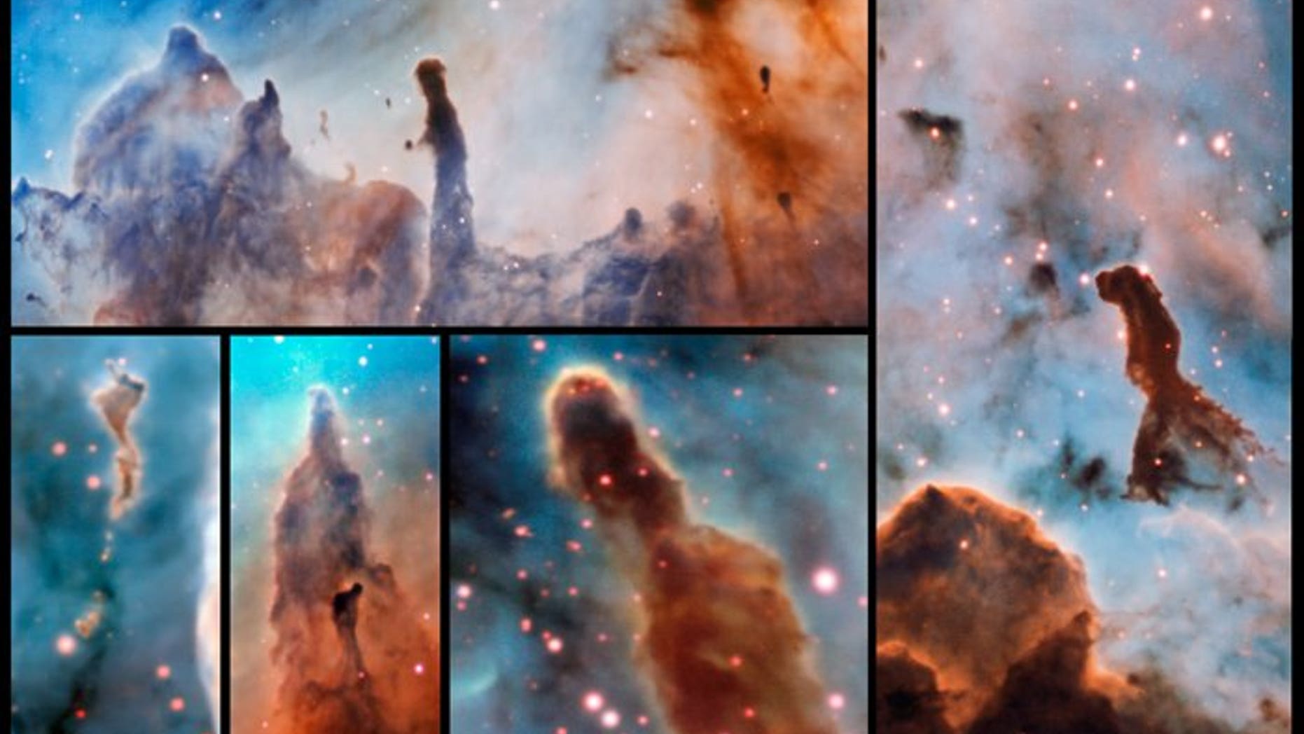 These composite image shows several pillars within the Carina Nebula which were observed and studied with the MUSE instrument, mounted on ESO’s Very Large Telescope.