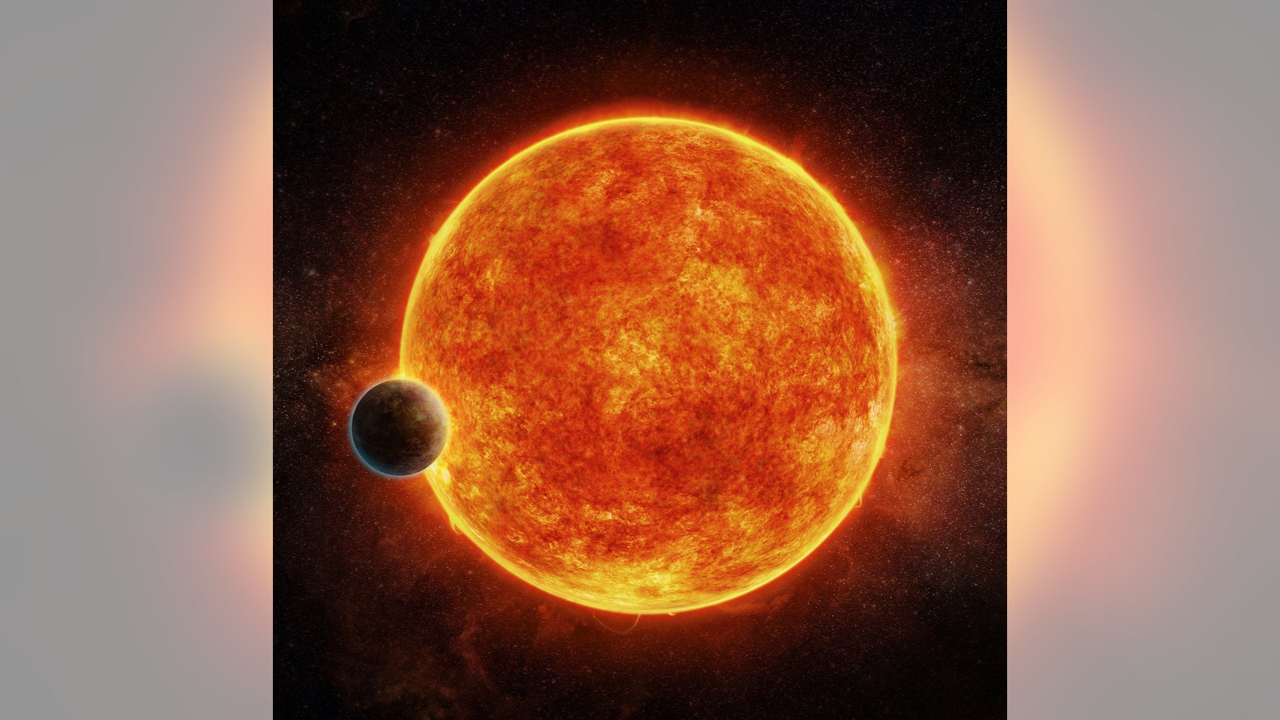 This planet is located in the liquid water habitable zone surrounding its host star, a small, faint red star named LHS 1140. The planet weighs about 6.6 times the mass of Earth and is shown passing in front of LHS 1140. Depicted in blue is the atmosphere the planet may have retained. (M. Weiss/CfA)