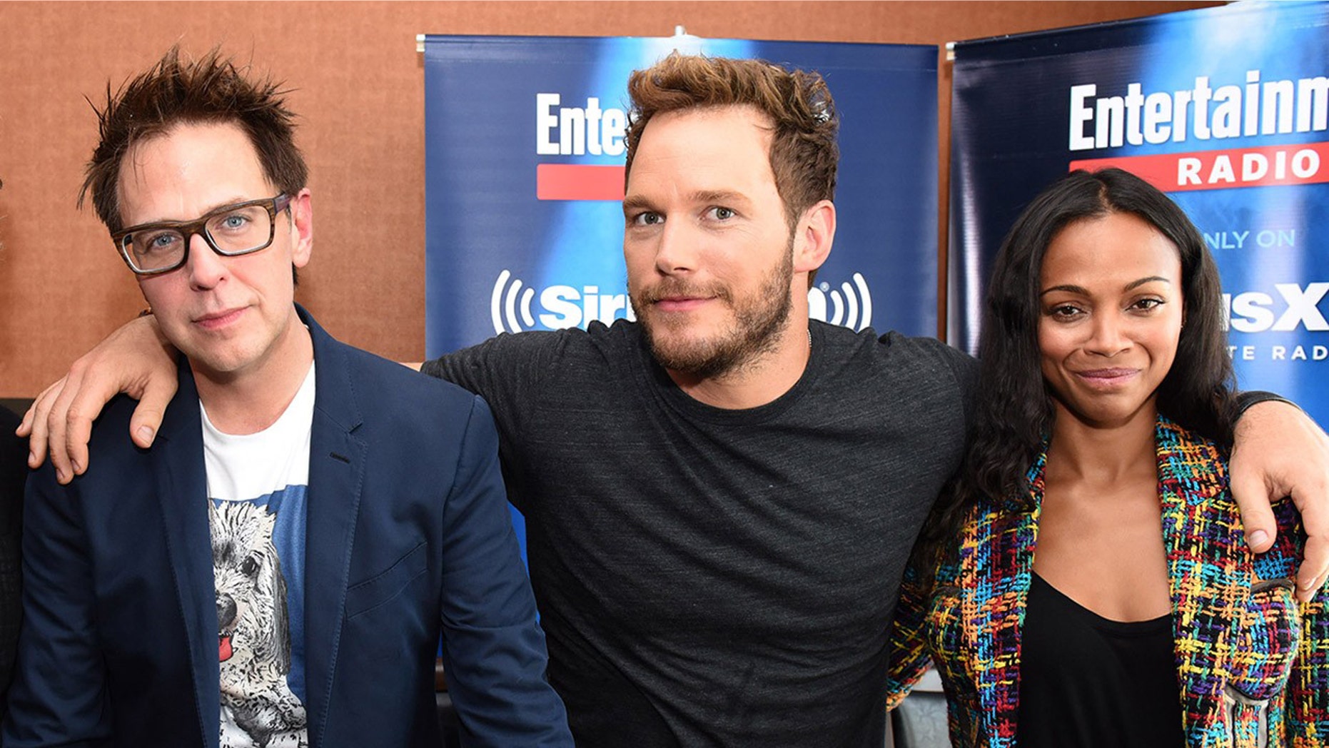 Director James Gunn, left, with "Guardians of the Galaxy" stars Chris Pratt, center, and Zoe Saldana.