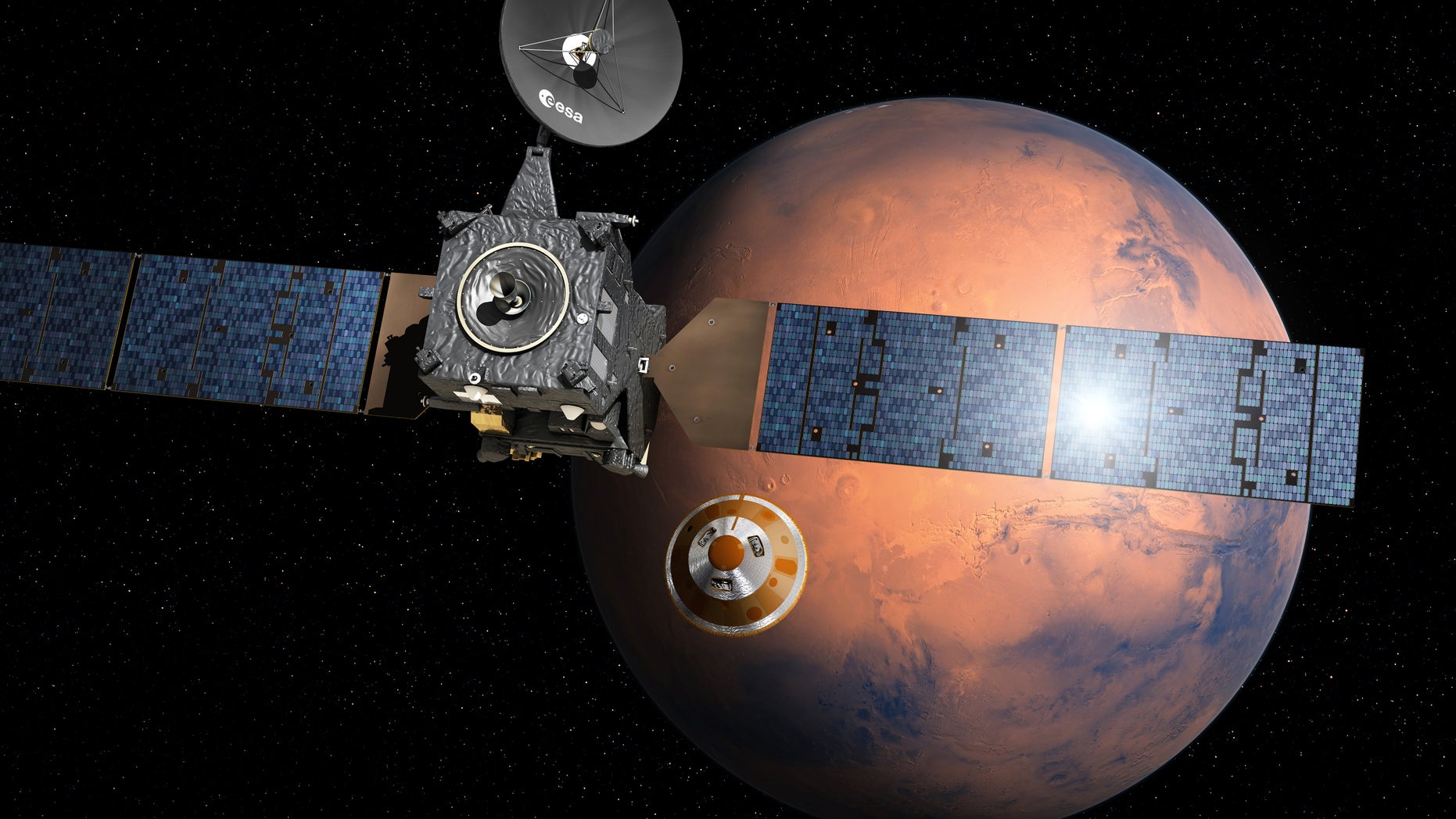 Artist's impression provided by the European Space Agency, ESA, depicting the separation of the ExoMars 2016 entry, descent and landing demonstrator module, named Schiaparelli, center, from the Trace Gas Orbiter, TGO, left, and heading for Mars.