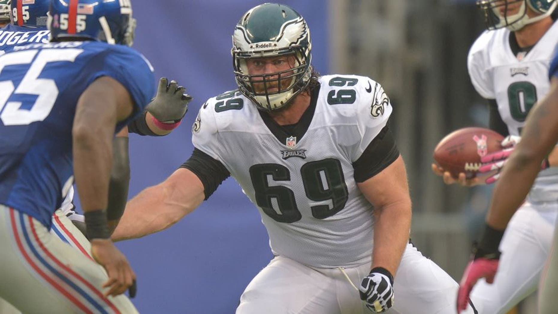 EAST RUTHERFORD, NJ - OCTOBER 06: Evan Mathis #69 of the Philadelphia Eagles blocks against the New York Giants at MetLife Stadium on October 6, 2013 in East Rutherford, New Jersey. The Eagles won 36-21. (Photo by Drew Hallowell/Philadelphia Eagles/Getty Images)