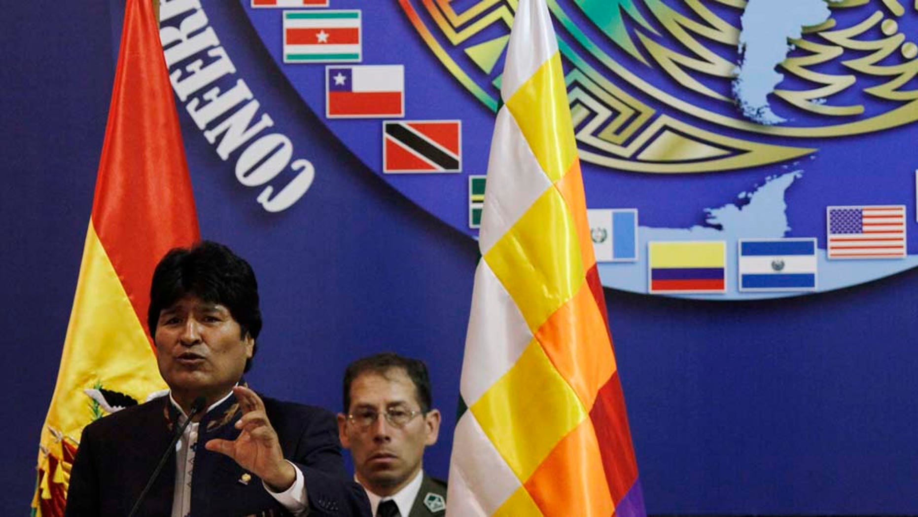 Bolivia's President Evo Morales speaks during the opening of the Ninth Conference of Defense Ministers of the Americas (CDMA) in Santa Cruz, Bolivia, Monday Nov. 22, 2010. (AP Photo/Juan Karita)