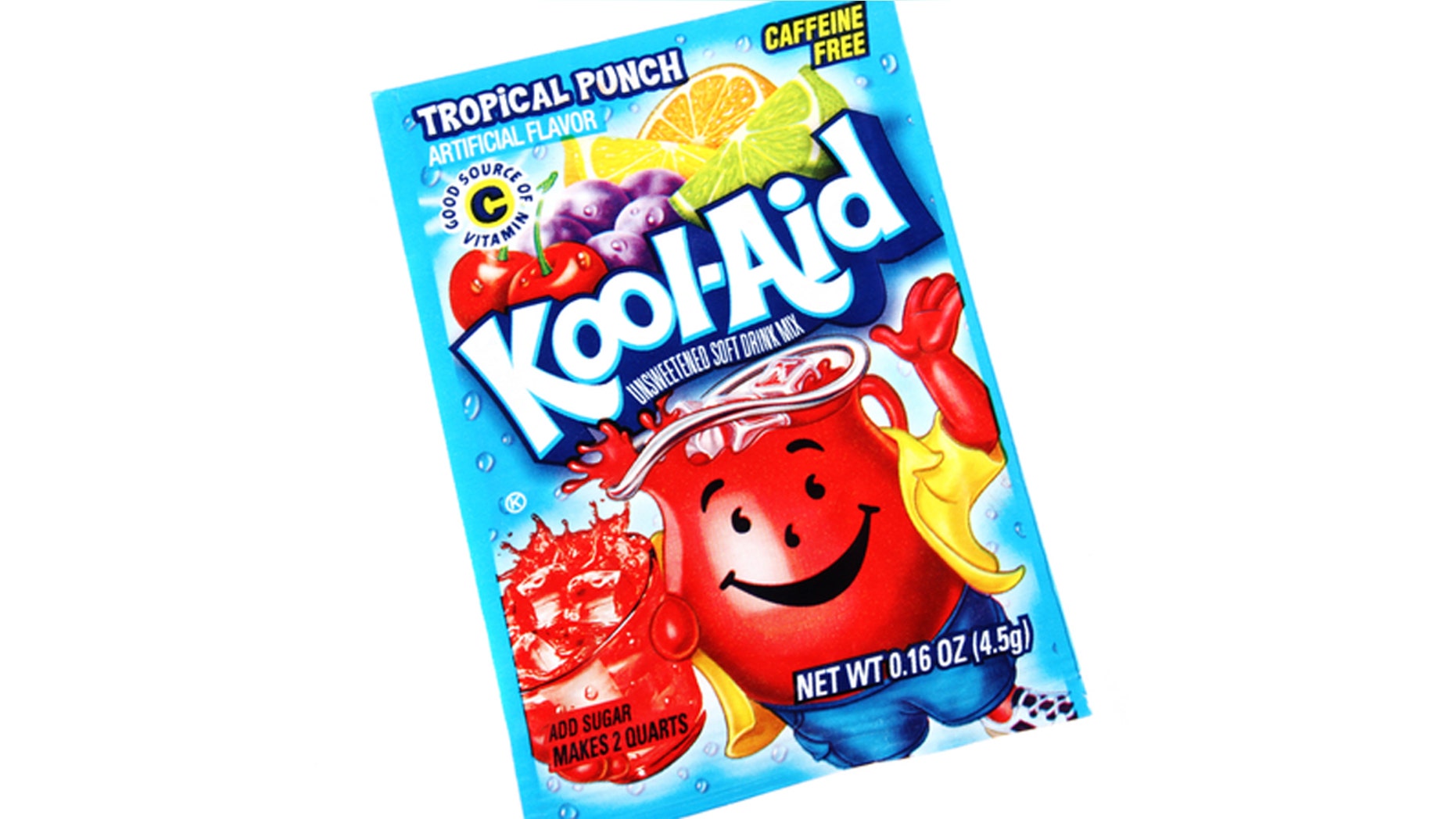 "West Palm Beach, USA - August 31, 2012: Studio shot of a packet of Tropical Punch Kool-Aid. Kool-Aid is a powder that is mixed with water and sugar to make a fruit flavored drink. Kool-Aid is made by Kraft Foods."