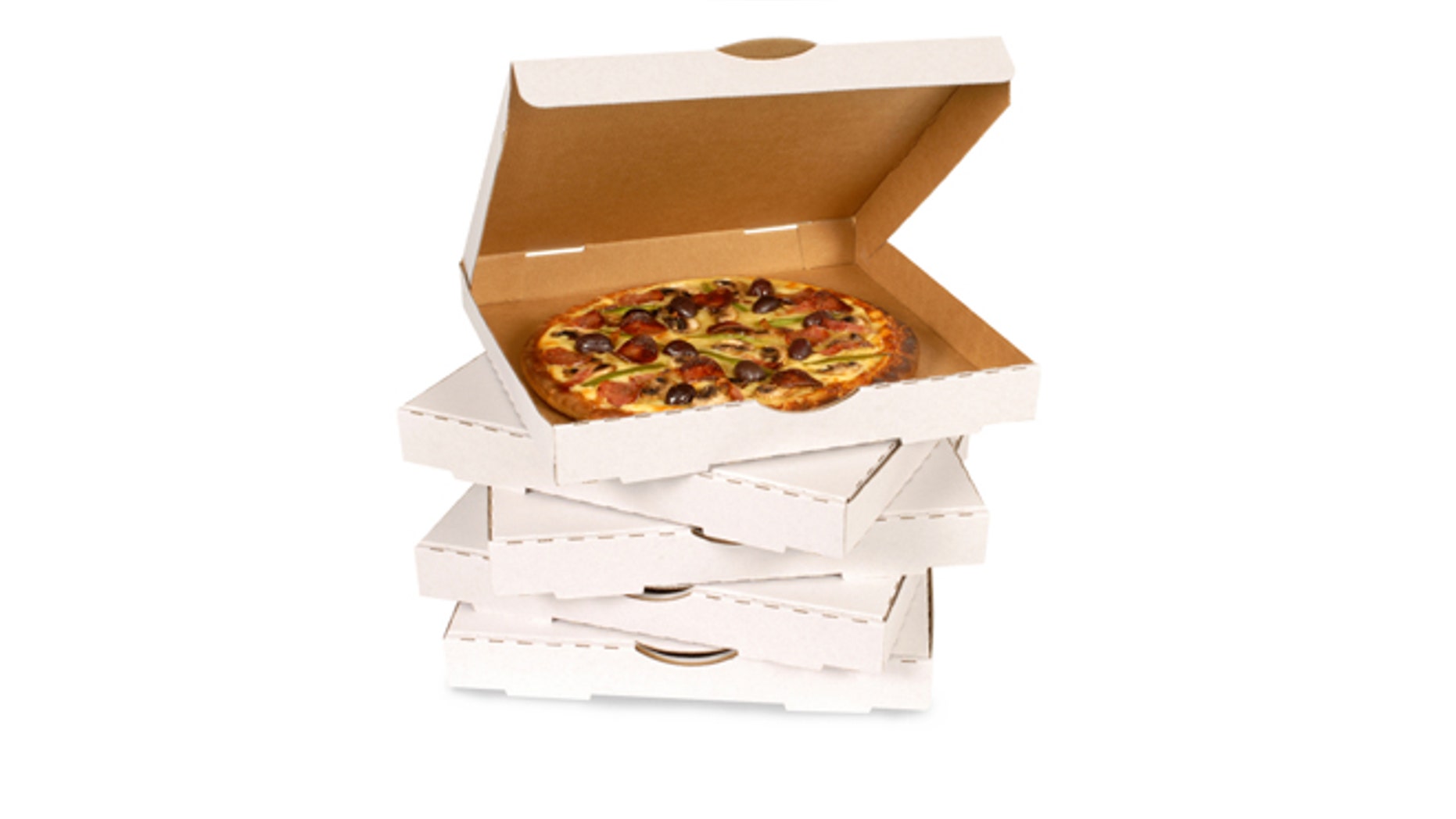 Pizza in plain open box isolated against white (clipping path provided).
