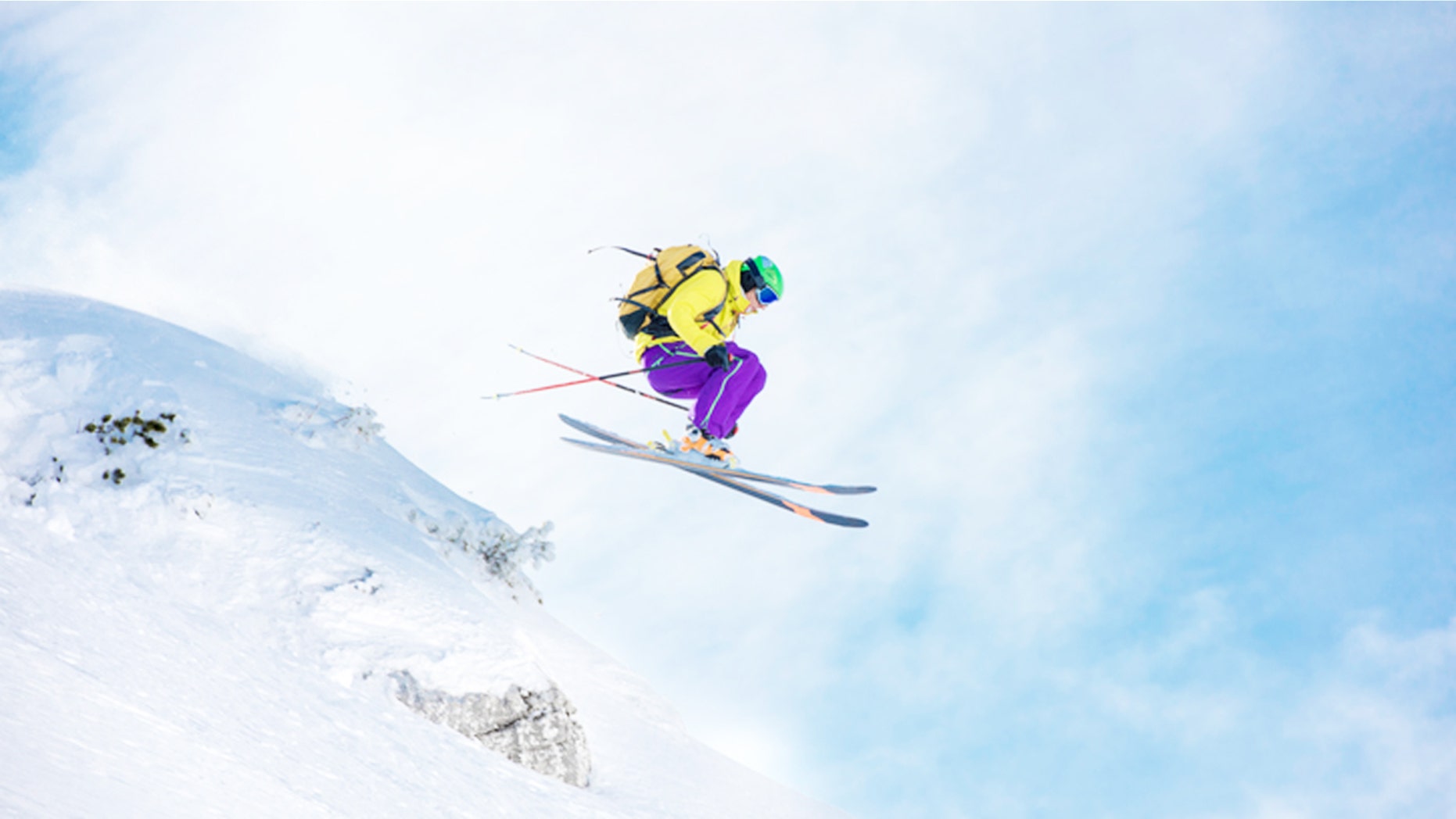 Shot of an extreme skier's jump in the air.