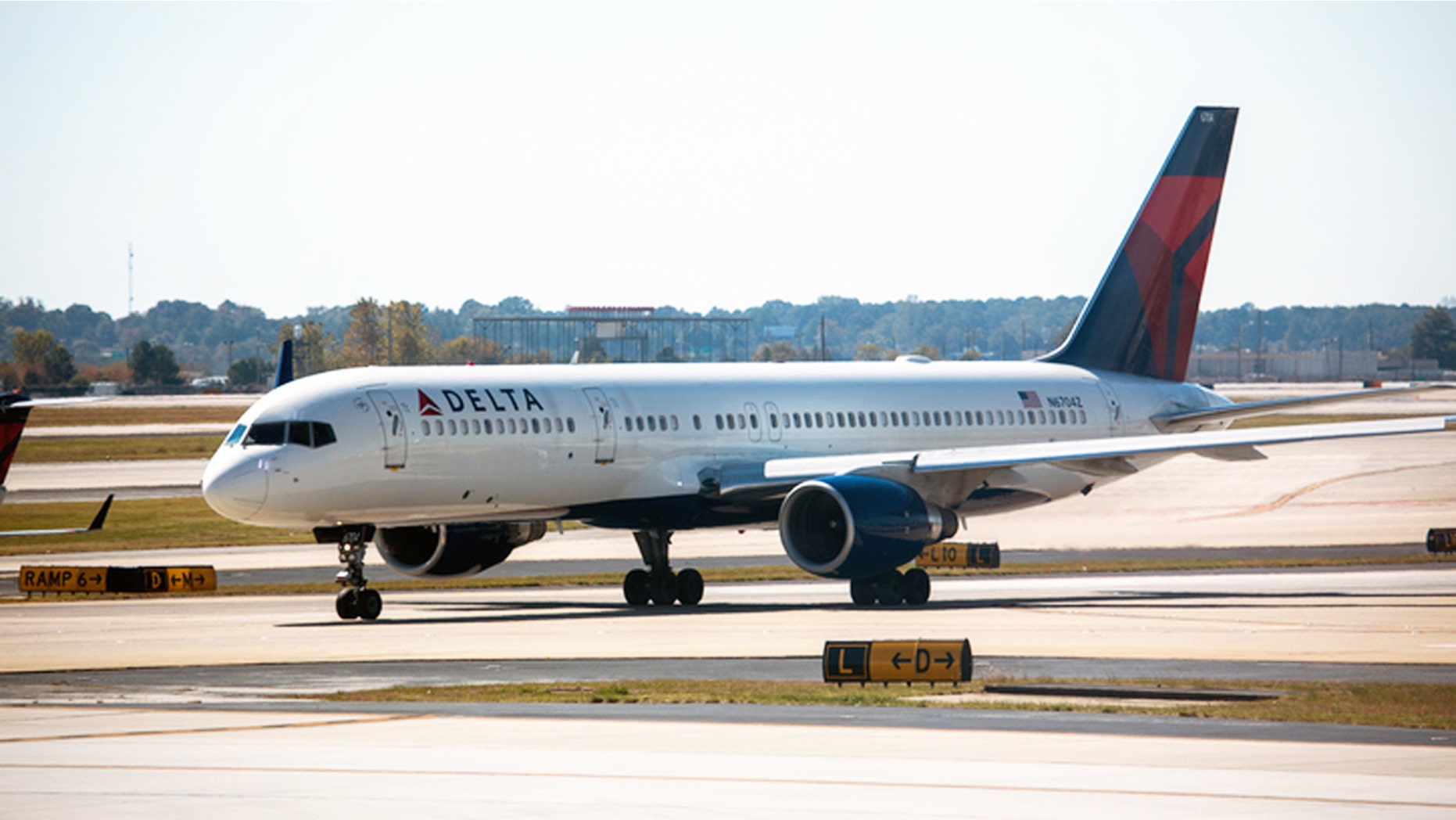 A Delta Air Lines plane prepares to take off at Hartsfield-Jackson Atlanta International Airport.
