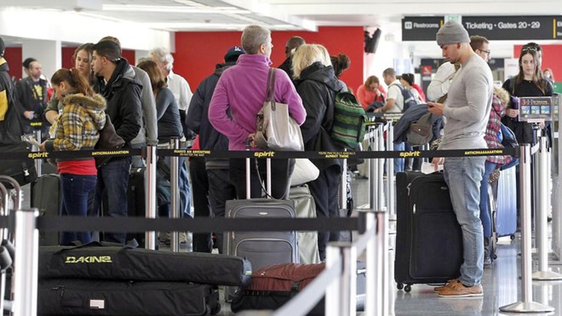 Travelers wait in long lines to check in for flights leaving Los Angeles International Airport for the 2015 Thanksgiving holiday.