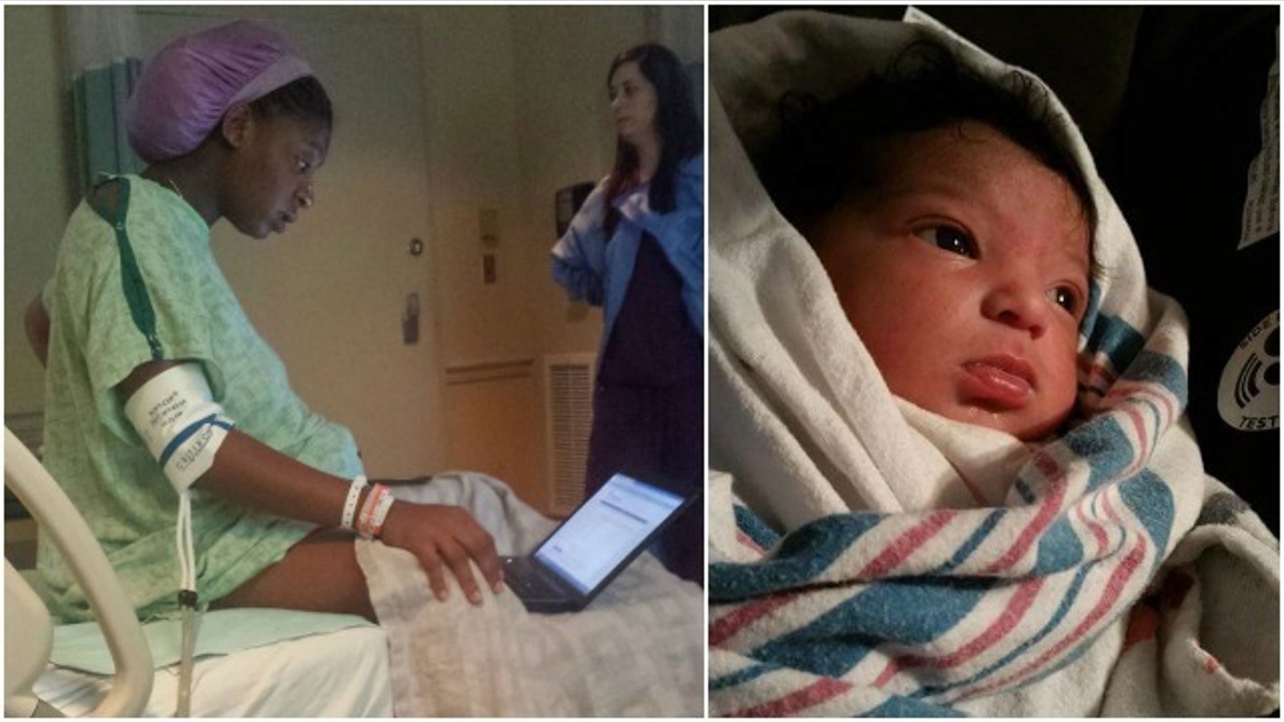 Tommitrise Collins (left) pictured studying for her psychology exam. She gave birth to her daughter, Tyler (right), after 20 hours of labor.