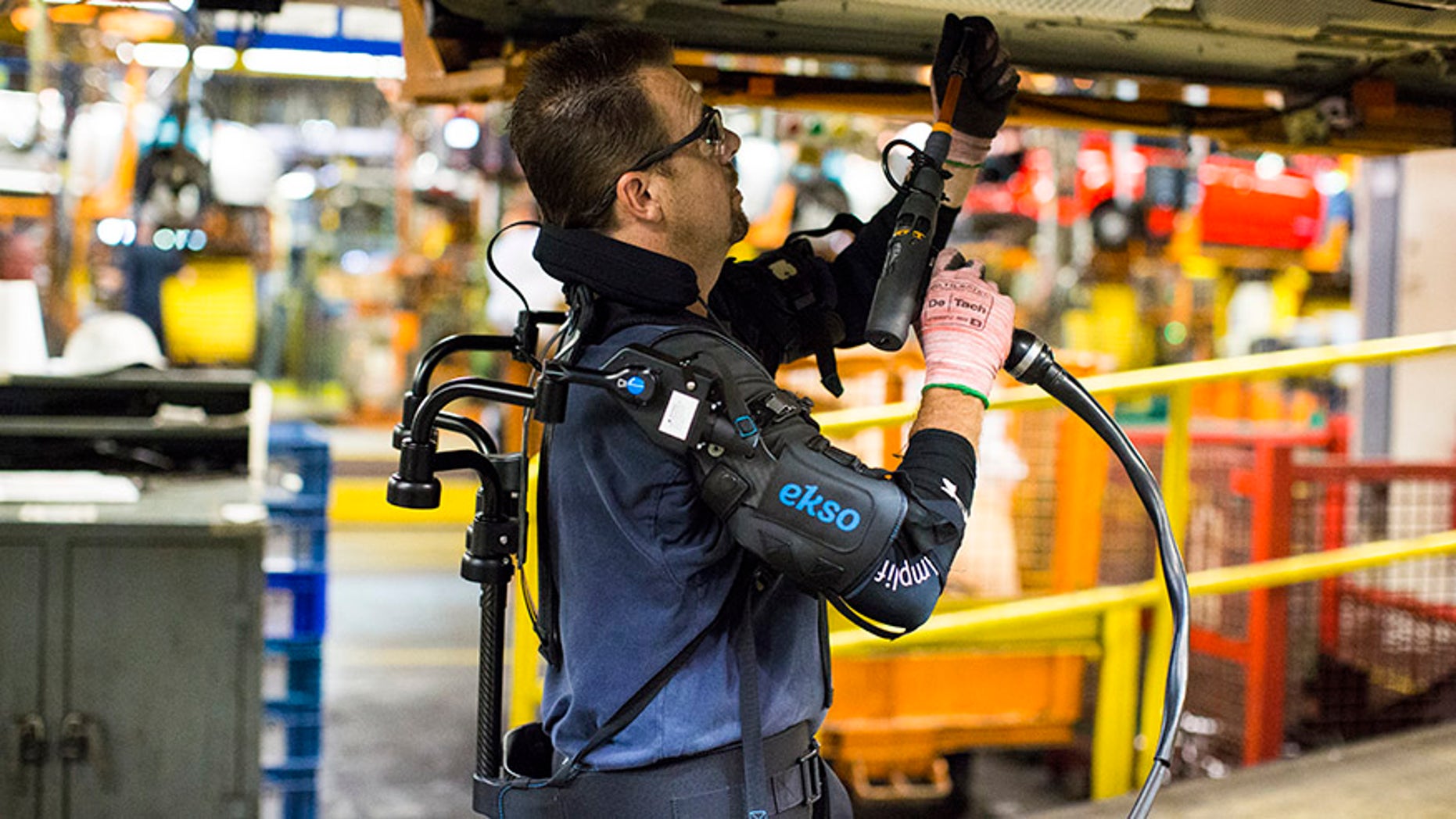 Called EksoVest, the wearable technology elevates and supports a workerâs arms while performing overhead tasks.
