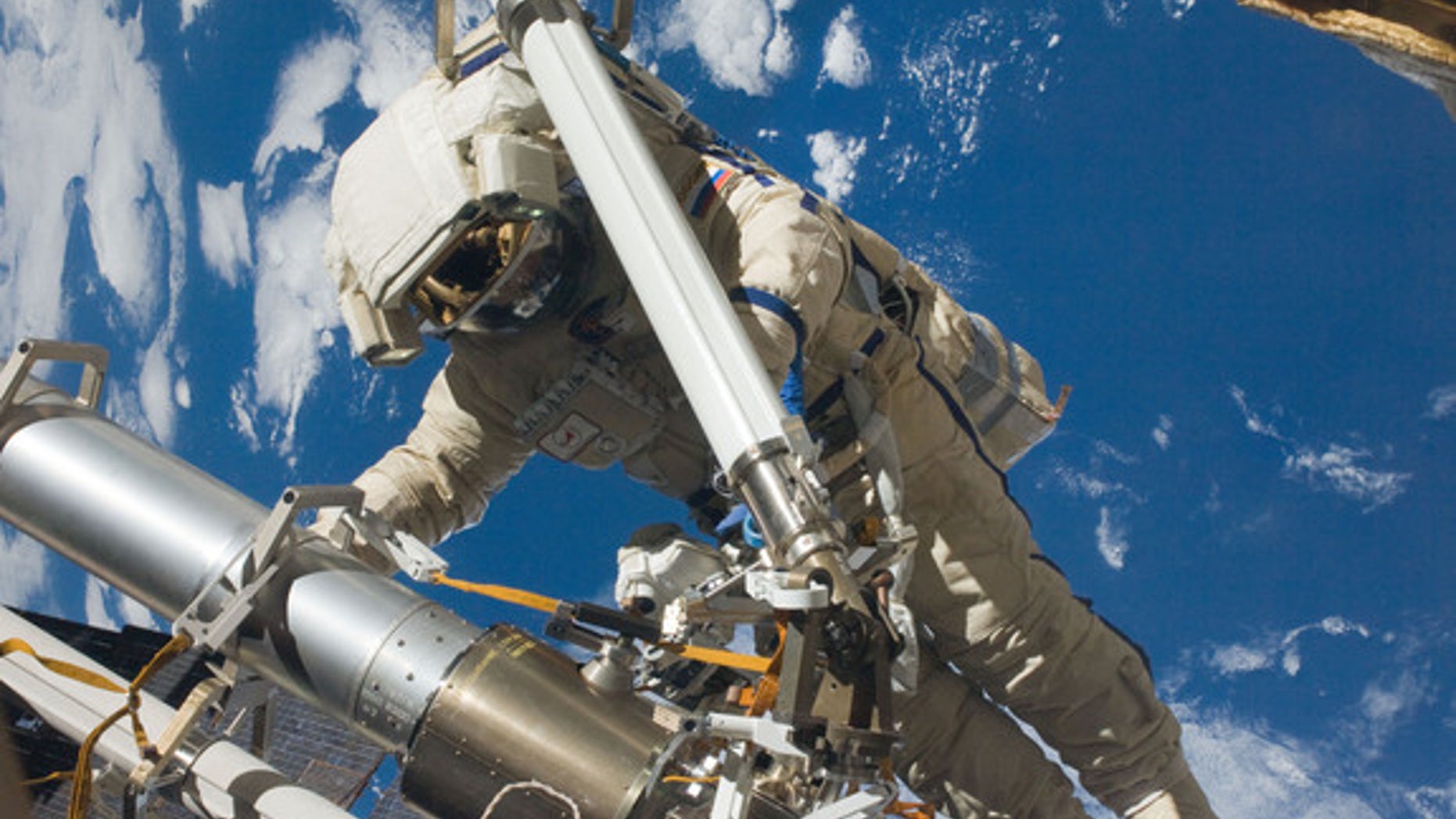 Russian cosmonaut Anton Shkaplerov, Expedition 30 flight engineer, participates in a session of extravehicular activity (EVA) to continue outfitting the International Space Station. Image released Feb. 16, 2012.