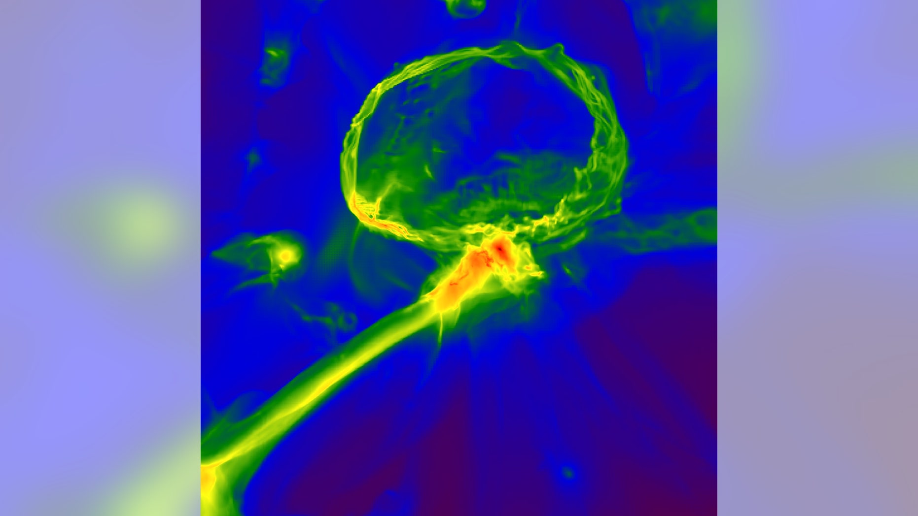Snapshot from a simulation of the first stars in the universe, showing how the gas cloud might have become enriched with heavy elements. The image shows one of the first stars exploding, producing an expanding shell of gas (top) which enriches a nearby cloud, embedded inside a larger gas filament (center). The image scale is 3,000 light-years across, and the color map represents gas density, with red indicating higher density. (Britton Smith, John Wise, Brian O’Shea, Michael Norman, and Sadegh Khochfar)