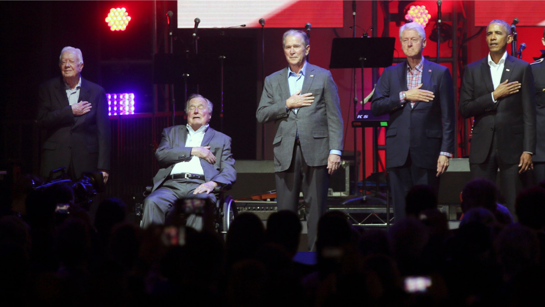 Former Presidents, left to right, Jimmy Carter, George H.W. Bush, George W. Bush, Bill Clinton and Barack Obama appeared together Saturday for the first time since 2013.
