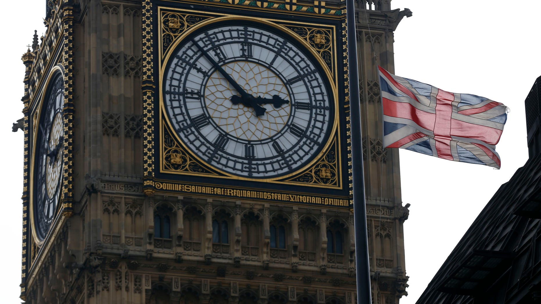 A British union flag flies at half-staff atop Portcullis House, backdropped by Big Ben's clock tower in London, Monday, April 8, 2013, in respect for former British Prime Minister Margaret Thatcher who died Monday following a stroke at age 87. Flags were flown at half-staff at Buckingham Palace, Parliament and Downing Street in honour to the 87-year old Iron Lady, and Queen Elizabeth II authorized Thatcher to have a ceremonial funeral to be held at St. Paul's Cathedral in London with military honors. (AP Photo/Sang Tan)
