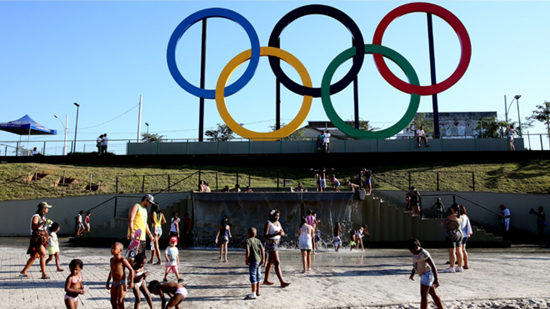 The Olympic Rings rise above Madureira Park on June 4, 2015 in Rio de Janeiro, Brazil.