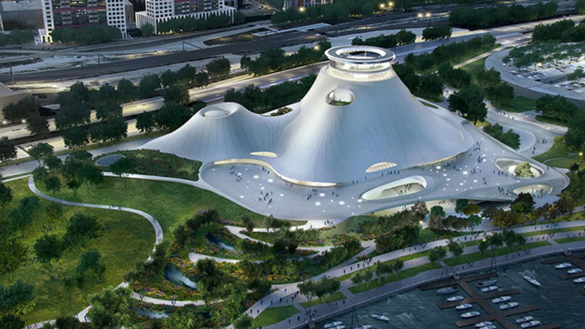 This rendering shows the proposed Lucas Museum of Narrative Art in Chicago.