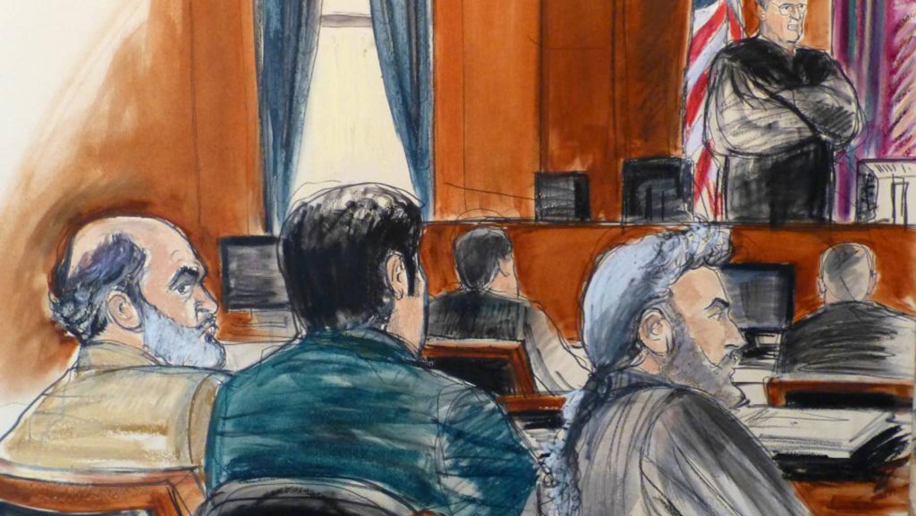 In this courtroom sketch, Sulaiman Abu Ghaith, left, listens as U.S. District Judge Lewis A. Kaplan stands to speak Monday, March 3, 2014 during jury selection at the start of Abu Ghaith's trial in New York on charges that he conspired to kill Americans and support terrorists in his role as al-Qaida's spokesman after the Sept. 11 attacks. Abu Ghaith is Osama bin Laden's son-in-law and is the highest-ranking al-Qaida figure to face trial on U.S. soil since the Sept. 11 attacks. Seated next to Abu Ghaith is a translater, next to defense attorney Stanley Cohen, right. (AP Photo/Elizabeth Williams)